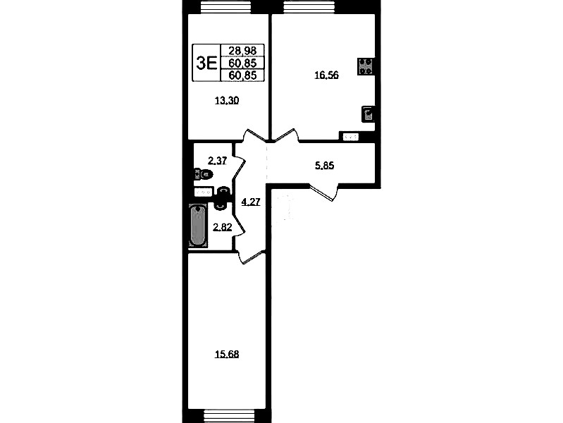 2-комнатная квартира 60.85 м², 6/8 эт., ЖК «Живи! В Рыбацком»